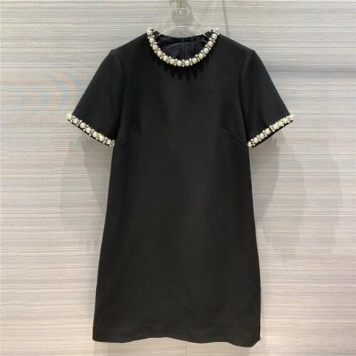 Runway Brand Luxury Pearl Rhinestone Black White Dress Summer New Ladies Elegant Women Ladies Slim Short Sleeve Dress Clothes