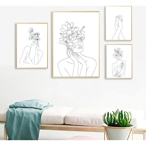 Self-adhesive Wall Stickers Line Art Woman Figure Poster with Flower Wall Art Modern Picture for Living Room on The Wall Decor