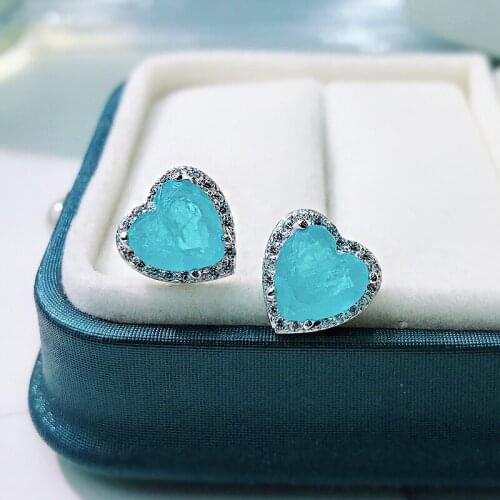 Fashion 100% 925 Sterling Silver Heart Paraiba Tourmaline Created Moissanite Engagement Ear Studs Earrings Fine Jewelry Gifts