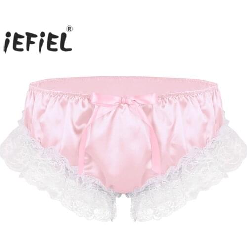 Mens Sissy Panties Shiny Soft Ruffled Floral Lace Custom Satin Lingerie Low Rise Stretchy Bikini Briefs Sexy Gay Male Underwear