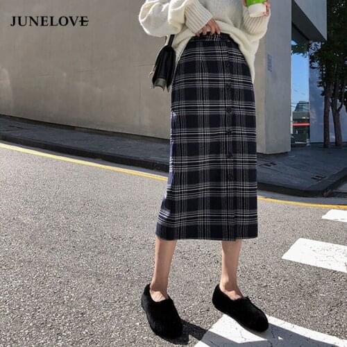 JuneLove Women Winter Plaid Midi Skirts Vintage High Waist Female Straight Skirts Casual Street Wear Lady Single Breasted Bottom