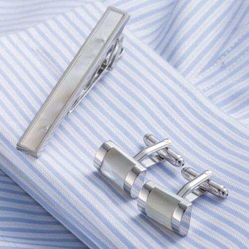 Natural Shell Geometric Cufflinks and Tie Clip Set for Men Shirt Sleeve Button AAA Brass Cuff Links Wedding Jewelry Gifts Z727