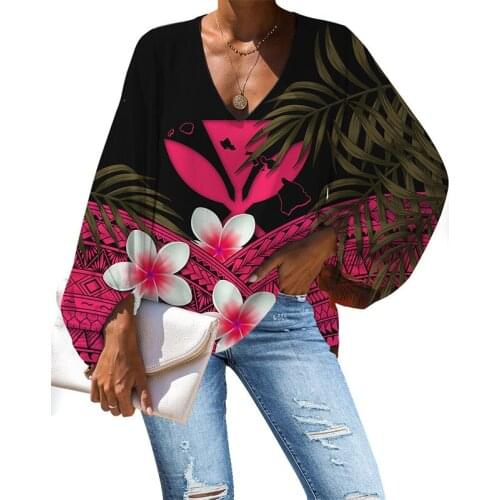 HYCOOL 2021 Fashion Plus Size Women Clothes Polynesian Hibiscus Printing Sexy V Neck Casual Long Sleeve Chiffon Elegant Blouses