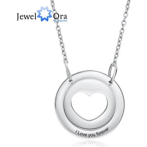 JewelOra Personalized Free Engraving Heart Circle Pendant Necklaces for Women Custom Stainless Steel Necklace Couples Gift