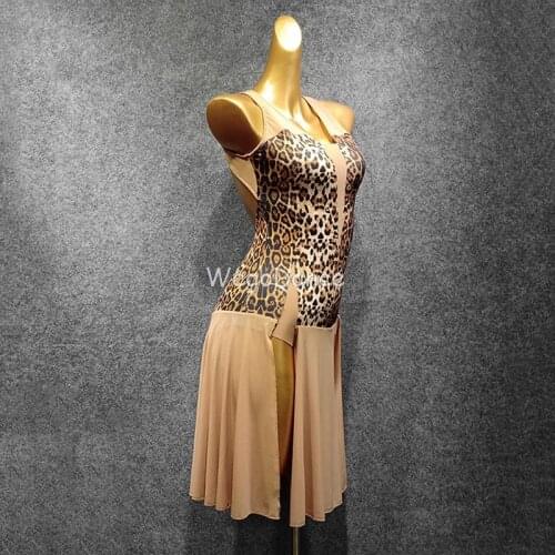 New Sexy Sleeveless Leopard Print Leopard Latin Dance Dress Ladies Split Performance Clothing