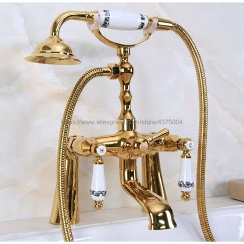 Golden Deck Mounted Two Handle Bathtub Faucet Telephone Style Dual Hole Bathtub Mixer with Handshower Head Nna143