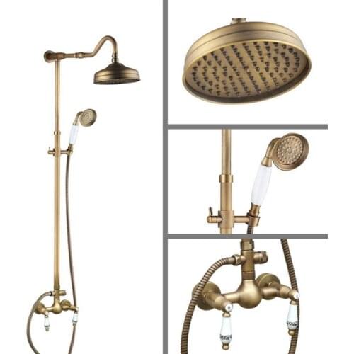 Antique Brass Wall Mounted Bathroom Rain Shower Faucet Shower Head Set Mixer Tap Dual Ceramic Handles Levers man507