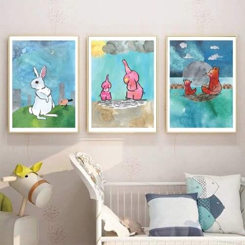 Cartoon Wall Decor Watercolour Pink Elephant Rabbit Posters And Prints Canvas Painting Wall Art Picture For Kids Bedroom Decor