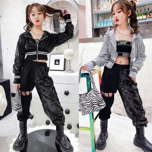 Childrens Clothing Sequins Sets Street Dancewaear For Girls Autumn Zipper Hoodie Patchwork Pants Kids Rave Tracksuit XS2840
