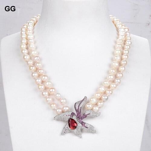 GG Jewelry 2 Rows 8.5mm Natural White Pearl Necklace Red Crystal CZ Flower Pendant For Women