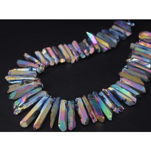 15.5"strand Rainbow Titanium Top Drilled Raw Crystal Point Beads,Crystal Quartz Stick Graduated Pendant Beads For Jewelry Making