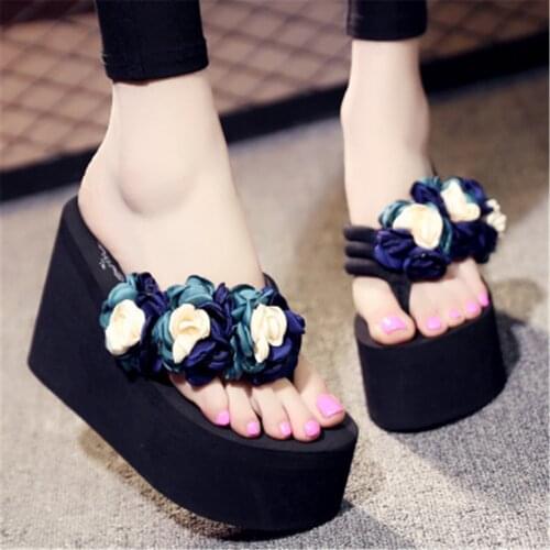 Summer holiday ladies' Beach Holiday high heel slippers hand - made sloping and flower - heel womens slippers