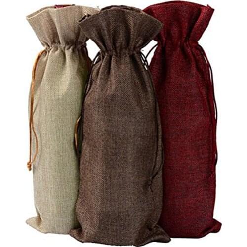 Linen Burlap Wine Bags, 3PCS Bottle Bags with Drawstrings for Party Wedding Favor - 6in x13.4in (3 Pack)