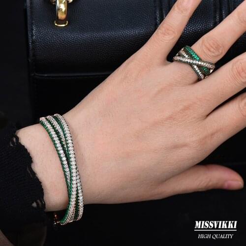 Missvikki 2PCS Romantic Elegant Luxury Shiny Green Bangle Ring Set For Women Bridal Wedding Full Micro Cubic Zircon Pave Party