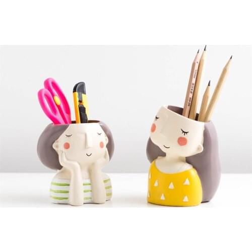 1PC Cute Girl Boy Resin Pen Holder Makeup Brush Stand Desktop Storage Box Succulent Planter Garden Mini Bonsai Cactus Flower Pot