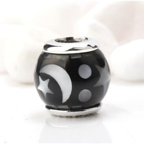Real 925 Sterling Silver Beads Vintage Night Sky with Shimmering Midnight Moon Star fit Charms Bracelet Jewelry