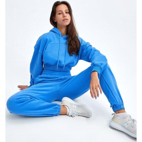 2021 eBay! European and American autumn new fashion solid color hooded sweater casual two-piece suit