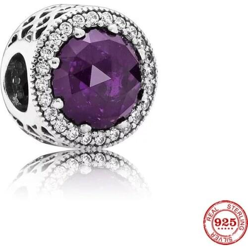 New Original Silver Color Purple Pave Round Openwork Bead Fit European Pandora Charms Bracelet Bangles Diy Jewelry P086-zi