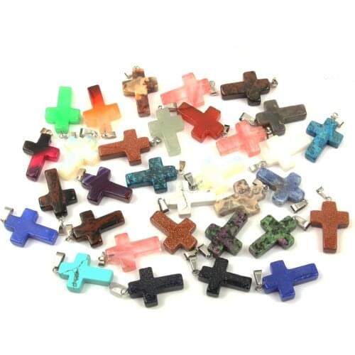 Wholsale Stone Pendant Cross Shape Pendants Opal/Malachite Charms for Necklaces Jewelry Making 25*18 mm