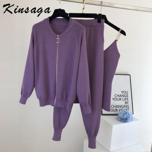 Autumn Harajuku Chain Patchwork Knitted Vest Zipper Knitting Cardigan+loose Harem Pants 3 Pieces Sets Tracksuits Casual Outfits