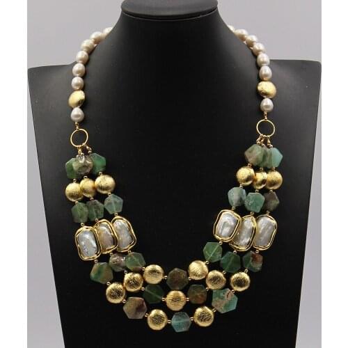 GG Jewelry Natural Stone 3 Strands Natural Green Chrysoprase White Coin Freshwater Pearl Necklace 21" for women