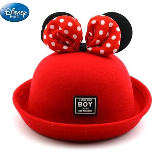 Disney Minnie Mouse Baby Bucket Hat Autumn Winter Woolen Girl Bow Warm Fisherman Hats Children Cute Cartoon Mickey Panama Cap