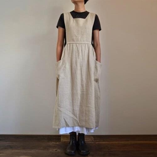 Pockets Tank Dress Women Summer Cotton Linen Casual Loose Home Apron Dresses Vintage Solid Sleeveless Mid-Calf Dress 4XL 5XL
