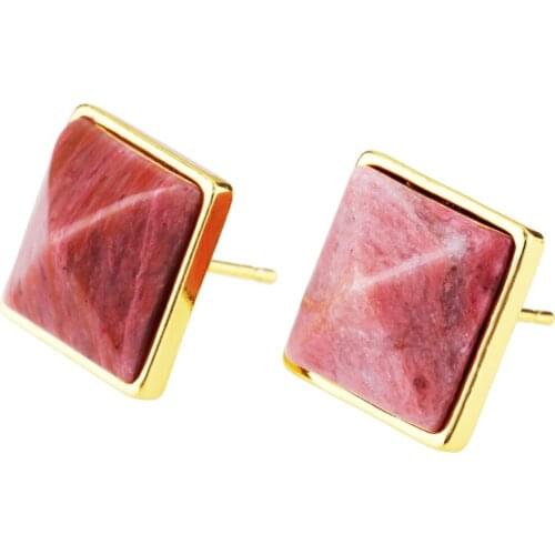 TUMBEELLUWA Rhodonite Pyramid Healing Crystal Beads Gold Tone Stud Earrings for Women