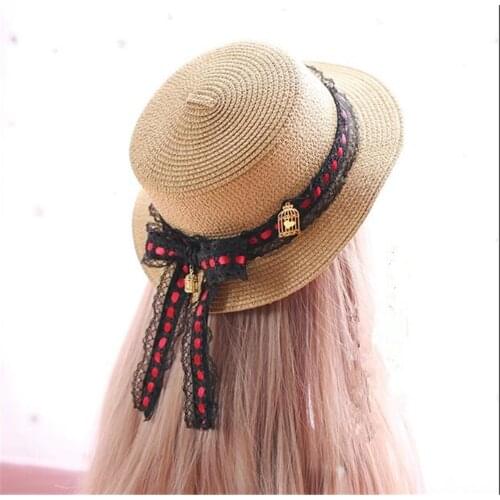 Girl Summer Straw Hats Women Beach Sun Hat Lolita Lace Bow Ribbon Flat Top hat B1041
