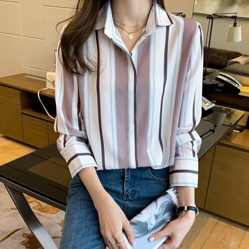 Vintage Striped Chiffon Shirt Womens 2021 Spring Korean Loose Long-sleeved Top Dropshipping Blusas Female Button Clothing 0135