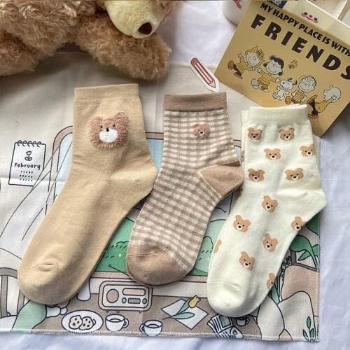 W&G 1 Pair Pure Cotton Female Socks Ins Autumn Winter Long Tube Korean Autumn Bear Fluff Comfortable Breathable Cotton Socks
