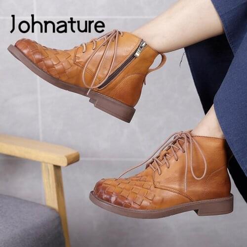 Johnature Genuine Leather Ankle Boots Women Shoes Lace-Up Flat With 2021 New Autumn Winter Round Toe Concise Platform Boots