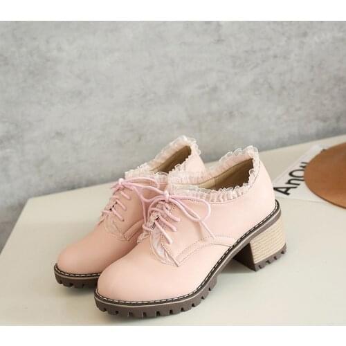 US4-11 Womens Trend Lace Cute Lolita Mary Janes Chunky Kitten Heel Lace Up Oxfords Wedding Shoes Sweet Plus Size New 2021