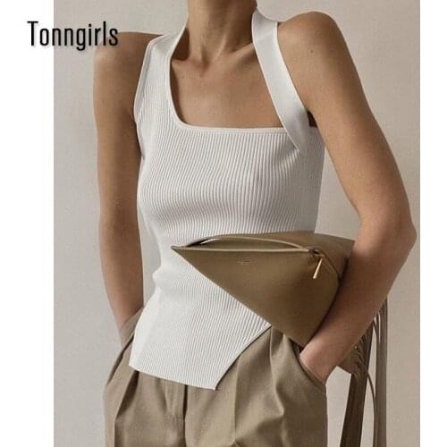 Tonngirls Chic Tank Top Women Clothes 2021 Summer Korean Irregular Halter Tops Knitted Sleeveless Sexy Tops For Women Clubwear