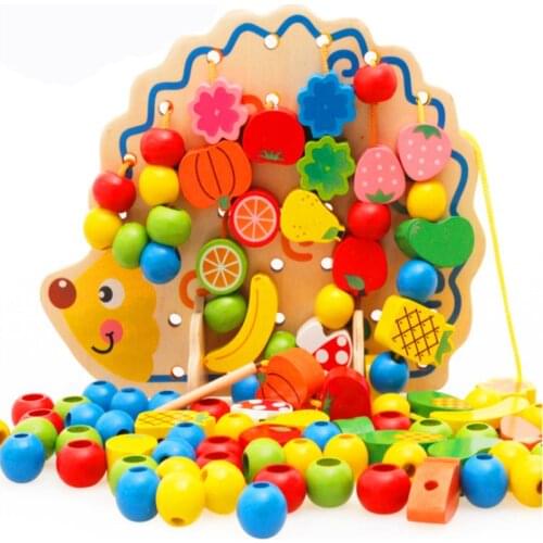 82Pcs Wooden Fruits Vegetables Lacing Stringing Beads Toys with Hedgehog Board Montessori Educational Toy for Kids Children Gift