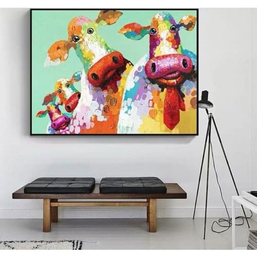 Handmade Abstract Oil Painting Wall Art Colorful Cute Cattle Picture Decorative Modern On Canvas For Living Room No Frame