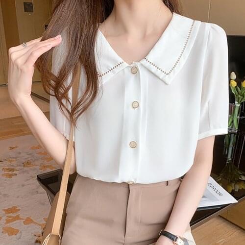 Shintimes Peter Pan Collar Women Blouse Button White Blouses Short Sleeve 2021Summer Tops Casual Woman Clothes Chemisier Femme