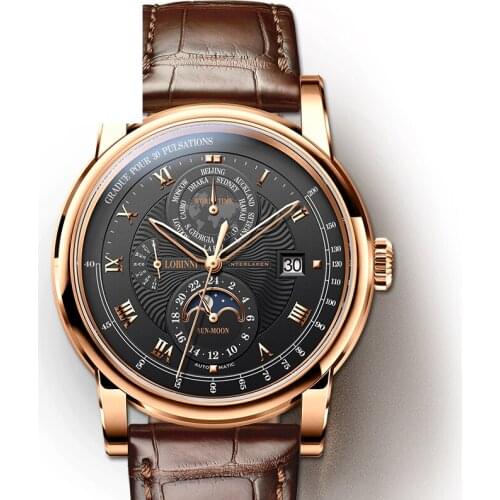 Switzerland Luxury Brand LOBINNI Watches Men Automatic Mechanical Mens Watch Multi-function Sapphire Moon Phase Clock Male 2019