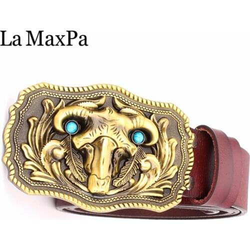 Mens cowboy belt bull buckle cowskin leather belt golden skull bull head cow pattern metal buckle taurens belt for men