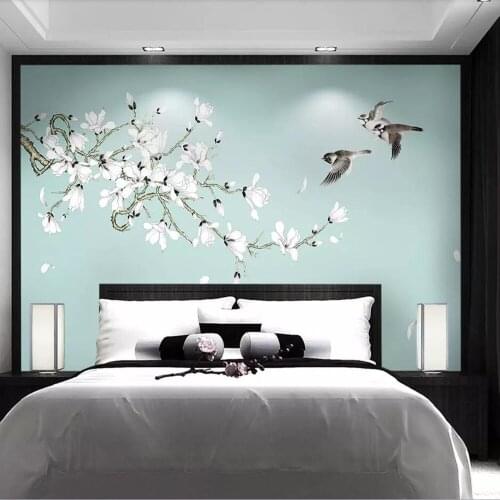Milofi custom 3D wallpaper mural white magnolia hand-painted flowers and birds background wall decoration wallpaper mural