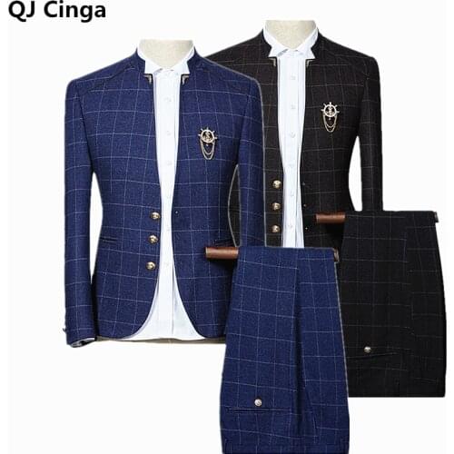 Royal Blue Mens Plaid Suits Latest Coat Pant Designs Chinese Style Stand Collar Slim Groom Wedding Suit Formal Wear 2 Piece Set
