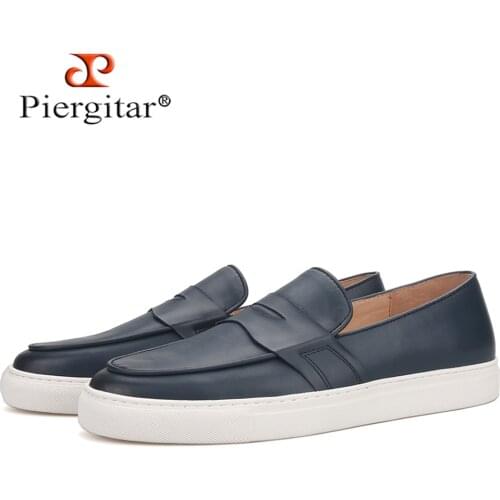 Piergitar 2021 New Design Genuine Leather Men Sneakers Handcrafted Penny Loafers With White Color Bottom Mans Casual Shoes