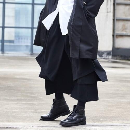 Mens nine split pants Spring and autumn style dark Yamamoto style wide leg pants mens culottes loose false two mens pants