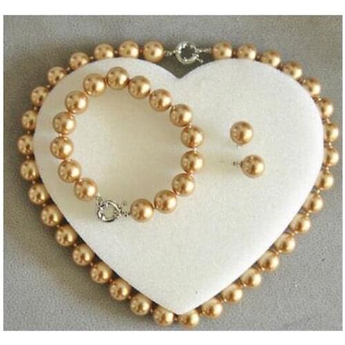 NEW 10mm Champagne South Sea Shell Pearl Necklace bracelet Earrings Jewelry Set