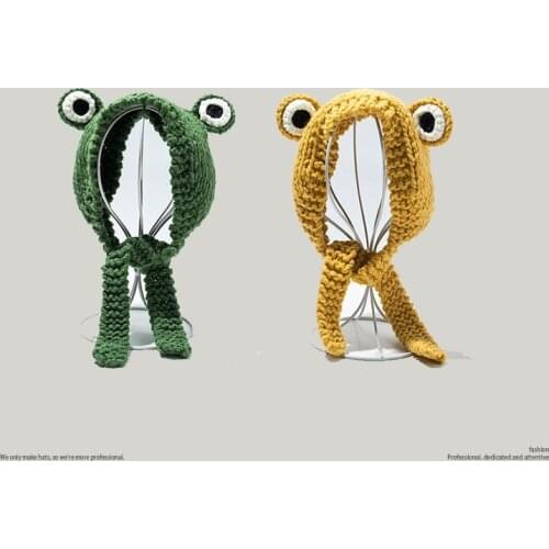 2021 New Novelty Cute Sculpt Green Frog Knitted Hat Autumn and Winter Black Green Brown Warm Hat Bonnets for Women Wholesale