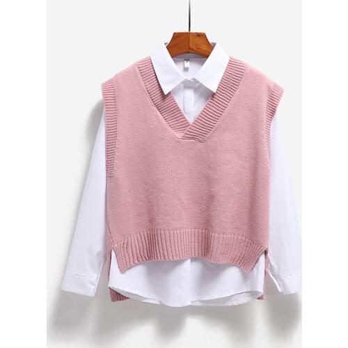 Two sets of sweater + shirt 2021 new Korean version of loose V-neck sweater vest short sweater vest womens coat