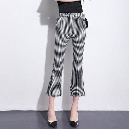 2020 Summer Autumn New Office Lady Boot Cut Pants Casual Elegant Womens Formal Skinny Plaid Flare Trousers Slim Pants