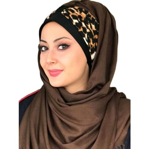 Yeni Moda Hijab 2021 Kadın Müslüman Başörtüsü İslami Türban Eşarp Şapka Fular Hazır Şal Koton Sarı Siyah Leopar Desen Biritli