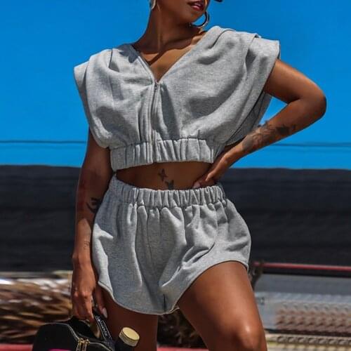 Solid Cotton Two Piece Set Tracksuit Women Harajuku Oversized Shirring Sleeve Zipper Crop Top Stretchy Waist Shorts Suit