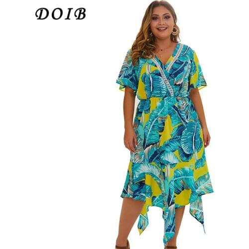 DOIB Plus Size Floral Print Dresse Short Sleeve V Neck Lace Patchwork Irregular Hem Dress XL 2XL 3XL 4XL